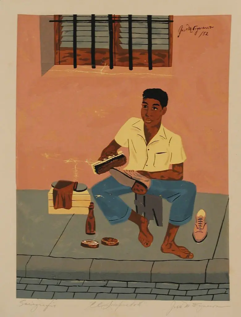 El limpiabotas (portafolio Estampas de San Juan, Centro de Arte Puertorriqueño)