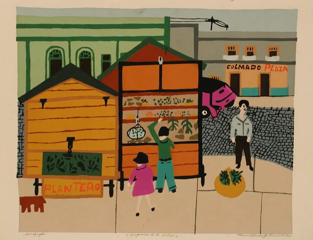 Esquina de la plaza (porfolio Estampas de San Juan, Centro de Arte Puertorriqueño)