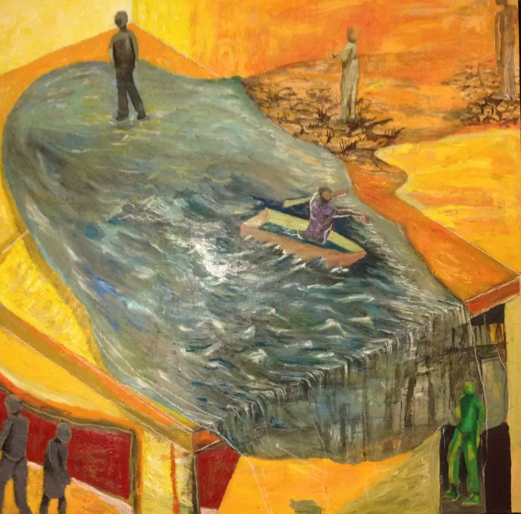 Pintura con tonos claros y un mar sobre la mesa