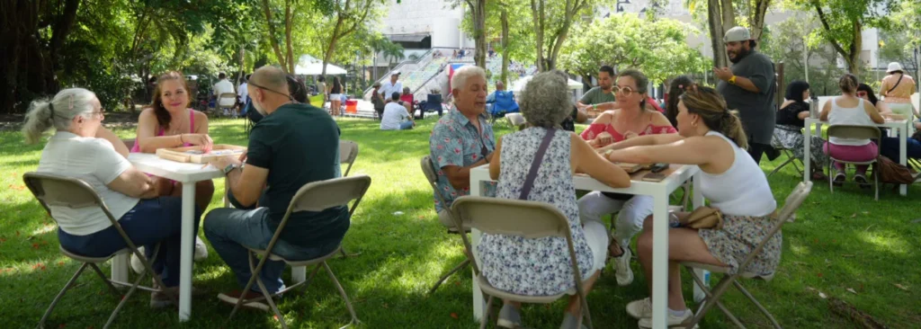 Playing dominos in sculpture garden