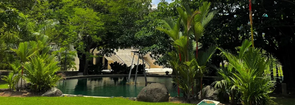 View of pond in sculpture garden