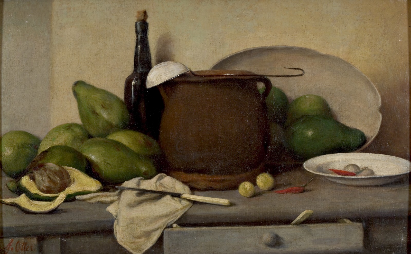 Bodegón con aguacates y utensilios